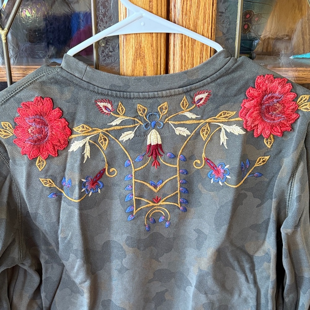 DRIFTWOOD Floral Embroidered Sweatshirt - Green Camo with Red and Pink Florals - Picture 5 of 9
